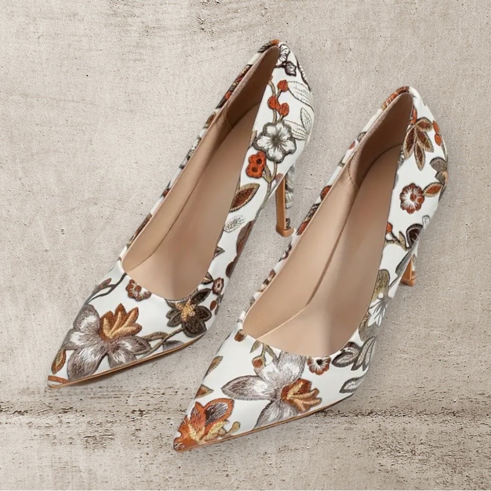 Women's Floral Print Pumps, Pointed Toe Slip On Thin High Heels, Size 36